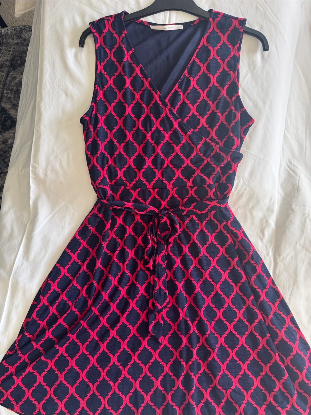 41 Hawthorn Navy Dress with Pink Geometric Print